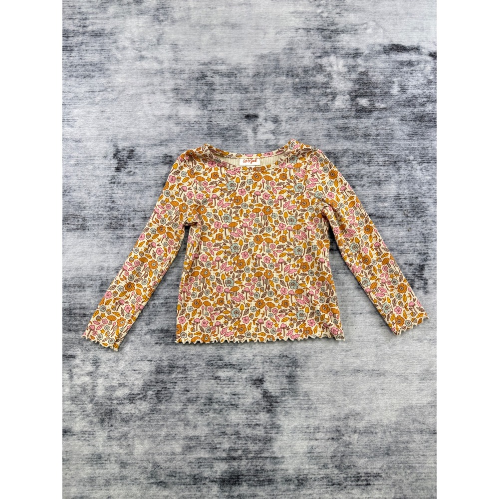 Cat & Jack Girls 4T Floral Mushroom Ribbed Long Sleeve Lettuce Edge Top Cream